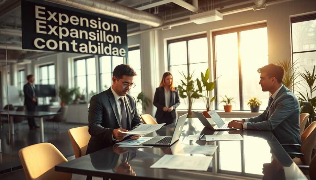 A bustling accounting office in São Bernardo do Campo, showcasing "Expansion Contabilidade" prominently on a stylish sign. In the foreground, a professional accountant in a tailored suit reviews financial documents while a client, dressed in business casual attire, looks on intently, fostering a sense of trust and collaboration. The middle ground features a sleek conference table with financial charts and a laptop open, radiating a professional atmosphere. In the background, large windows let in soft, natural light, illuminating modern office decor and plants. The overall mood is one of credibility and professionalism, emphasizing the critical role of accounting in navigating complex tax reforms. The scene captures the essence of reliable financial services.