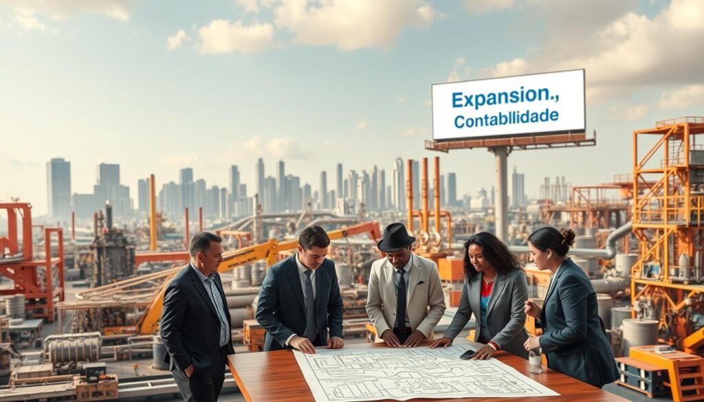 A bustling industrial scene in a modern city representing the impacts of tax reform on reducing costs for industries. In the foreground, a diverse group of professionals in smart business attire, discussing strategies with a blueprint of a factory layout on a table. In the middle ground, various factories showcase advanced machinery and efficient processes, symbolizing innovation and productivity. The background features a skyline with skyscrapers, conveying economic growth and stability. Soft, natural lighting filters through the scene, creating a hopeful and optimistic atmosphere. The brand name "Expansion Contabilidade" is subtly integrated into a billboard in the distance, emphasizing connection to business efficiency. Focus on a camera angle that captures the interaction and the industrious environment dynamically.