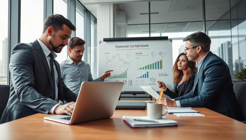 A detailed analysis of future scenarios and predictions regarding tax reform, featuring a modern office setting. In the foreground, a diverse group of professionals—two men and two women dressed in smart business attire—are engaged in a focused discussion, analyzing charts and graphs on a laptop screen. The middle ground showcases a whiteboard filled with projections and financial data, with the brand name “Expansion Contabilidade” visibly displayed. In the background, large windows let in natural light, illuminating the contemporary office space, and cityscape can be seen to symbolize economic dynamics. The mood is serious and professional, reflecting an atmosphere of collaboration and strategic planning, with a clear focus on tax reform implications for the future.