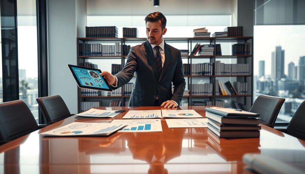 A detailed analysis of tax reform scenarios depicted in a professional office setting. In the foreground, a well-dressed business consultant points at a digital tablet displaying complex data visualizations related to tax scenarios. In the middle, focus on a polished conference table with financial reports and charts spread out, illuminated by soft, natural lighting coming from large windows. The background features shelves with books on taxation and economics, and a city skyline visible outside, symbolizing economic growth. The atmosphere is serious yet hopeful, reflecting the urgency of understanding potential tax changes. Include the logo of "Expansion Contabilidade" subtly in the scene, enhancing the professional tone without distractions.