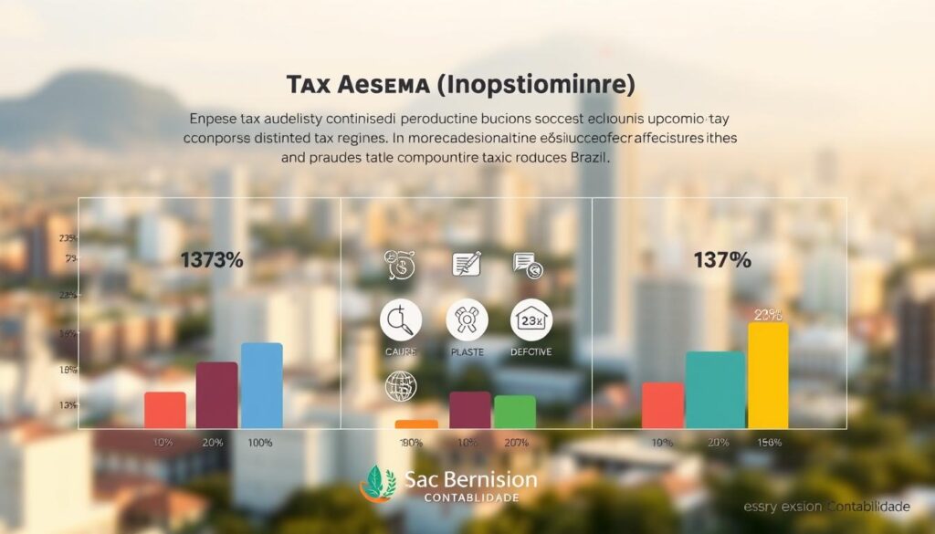 A detailed infographic illustrating the comparative tax burden of three distinct tax regimes in Brazil, set against a backdrop of São Bernardo do Campo's skyline. In the foreground, three clear, labeled charts display the tax percentages, each colored differently for clarity. The middle section features icons representing different business sectors affected by these regimes, emphasizing the impact of tax reform. The background should include a soft-focus view of the city, bathed in warm, natural light to create an inviting atmosphere. The overall mood is professional and informative. Ensure the branding "Expansion Contabilidade" is subtly integrated into the design, enhancing the visual without overpowering the data. The composition should be clear, structured, and aesthetically appealing, avoiding any text overlays or distractions.