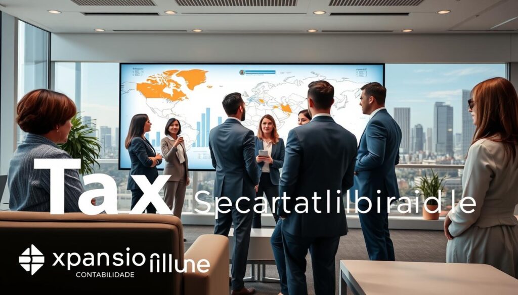 A detailed visual representation of successful international tax systems, featuring a diverse group of professionals in business attire, engaged in a collaborative discussion around a large map that illustrates various countries. In the foreground, a modern office space with sleek furniture and a digital screen displaying graphs and charts related to tax models. In the middle ground, the professionals are gathered, with a mix of ethnicities, showcasing teamwork and innovation. The background reveals a skyline of international cities, symbolizing global cooperation in taxation. The lighting is bright and inviting, highlighting the positive atmosphere of productivity and success. The image also subtly incorporates the brand name "Expansion Contabilidade" in the setting, enhancing the professional theme without textual overlays.