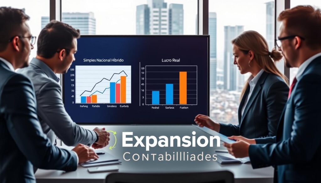 A dynamic business scene depicting the impact of tax choices on corporate competitiveness, set in a modern office environment in São Bernardo do Campo. In the foreground, a diverse group of professionals in business attire, engaged in a strategic meeting, analyzing financial graphs and reports. The middle layer showcases a digital screen displaying comparative charts labeled 'Simples Nacional Híbrido' and 'Lucro Real', demonstrating their effects on company performance. The background features a sleek cityscape through large windows, symbolizing the broader economic landscape. Bright, natural light floods the room, creating a focused and determined atmosphere, with an emphasis on collaboration and decision-making. The brand name "Expansion Contabilidade" subtly integrated into the scene, reinforcing the professional context without overpowering the image.