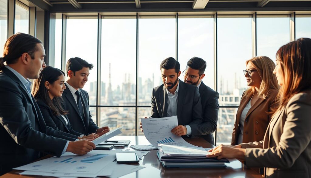 A dynamic business setting illustrating the impacts of tax reform on the industrial sector. In the foreground, a diverse group of professionals in business attire are engaged in discussion over financial documents and charts, showcasing a mix of ethnicities and genders. The middle ground features a modern office space with large windows allowing natural daylight to flood in, creating a bright and optimistic atmosphere. In the background, a city skyline with industrial buildings hints at the broader context of the industry. Use soft lighting to enhance the collaborative mood. Include subtle branding elements of "Expansion Contabilidade" within the environment, such as a logo on a document. The angle should provide a balanced view that emphasizes teamwork and the interplay of industry dynamics.