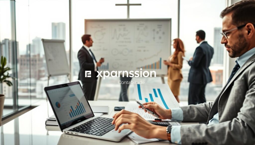 A dynamic office environment showcasing benchmarking and comparative analysis in accounting. In the foreground, a professional accountant in business attire examines financial charts on a sleek laptop, surrounded by documents and a calculator. The middle ground features a large whiteboard filled with complex graphs and formulas, depicting impressive fiscal results, while a team of diverse professionals collaborates in discussion. In the background, a modern office setting with glass walls, offering a view of São Bernardo do Campo’s skyline. Soft, natural lighting illuminates the scene, creating a focused yet inspirational atmosphere. Incorporate the brand name "Expansion Contabilidade" subtly in the decor. The composition should reflect a fusion of professionalism and analytical insight, highlighting the significance of factors influencing fiscal outcomes.