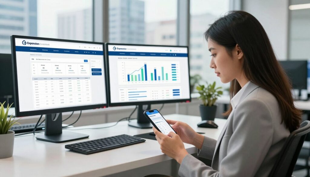 A dynamic scene showcasing the concept of mobile responsiveness in accounting platforms. In the foreground, a professional young woman in business attire is using a smartphone to manage financial data, her focused expression reflecting efficiency. In the middle ground, a modern office setting with sleek desks, laptops, and digital displays illustrates various accounting dashboards and financial graphs. The background features a contemporary cityscape of São Bernardo do Campo, symbolizing growth and prosperity. The lighting is bright and natural, streaming in from large windows, creating a productive atmosphere. The scene subtly incorporates the brand name "Expansion Contabilidade" through digital elements on the screens. The overall mood conveys innovation, professionalism, and a forward-thinking approach to tax credit management.