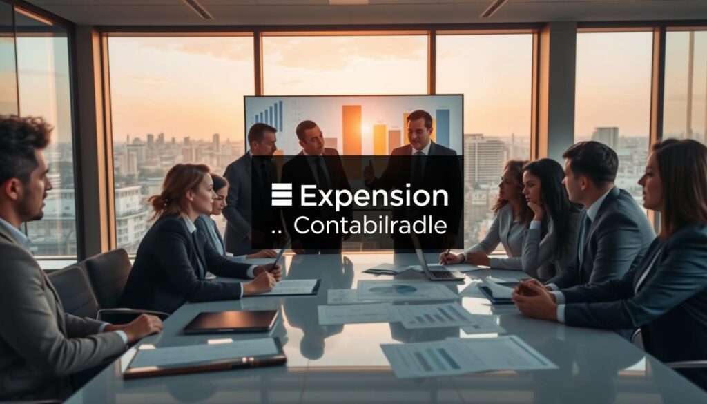 A focused, professional office scene set in São Bernardo do Campo, showcasing the concept of "competitive advantages through accounting." In the foreground, a diverse group of business professionals in formal attire is engaged in a dynamic discussion around a modern conference table, analyzing graphs and documents. The middle ground features a large digital screen displaying key financial metrics and charts, symbolizing growth and strategy. In the background, a panoramic view of the city skyline is visible through large windows, bathed in warm natural light, creating an inviting atmosphere. The composition should suggest collaboration and innovation, with soft, focused lighting highlighting the faces of the professionals. Incorporate the brand name "Expansion Contabilidade" subtly on a presentation slide in the scene, enhancing the thematic relevance without distraction.