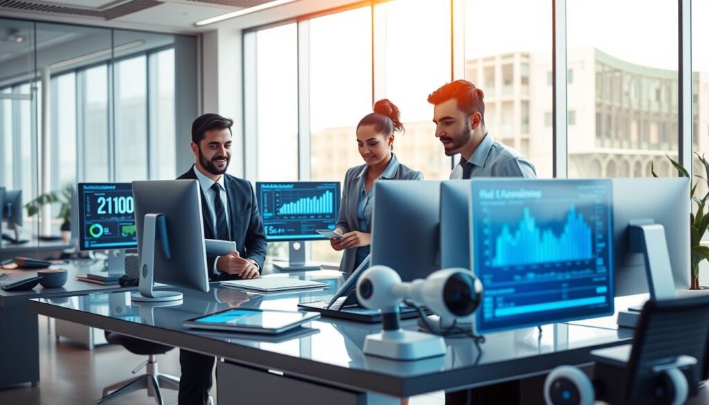 A modern accounting office in São Bernardo do Campo, showcasing the role of technology in bookkeeping. In the foreground, a diverse group of three professionals in business attire, two men and one woman, collaborate around a sleek, high-tech desk equipped with multiple computer screens displaying financial software and digital charts. The middle ground features futuristic accounting tools like tablets and robotic process automation devices, emphasizing innovation in accounting practices. The background displays large windows allowing natural light to flood the room, enhancing the atmosphere of productivity and modernity. Soft, warm lighting illuminates the scene, creating a professional yet inviting mood. The branding element, “Expansion Contabilidade,” is subtly integrated into the office design.