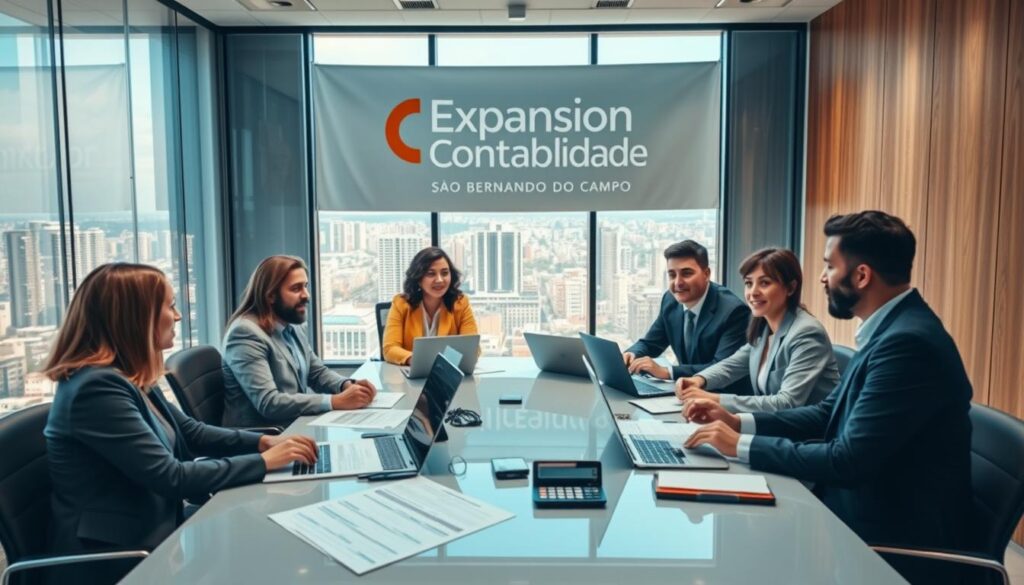 A modern and professional office scene depicting a team of financial consultants engaged in a strategic discussion about accounting for businesses in São Bernardo do Campo. In the foreground, a diverse group of professionals in business attire sits around a sleek conference table covered with financial reports, laptops, and calculators. The middle ground showcases a large window with a cityscape view, bringing in natural lighting that creates a warm and focused atmosphere. The background features a banner with the logo "Expansion Contabilidade" to emphasize the branding. The mood is collaborative and insightful, illustrating the importance of professional accounting advisory in navigating the complexities of tax reform. Aim for a clear, professional look with soft shadows and a wide-angle view capturing the entire workspace.