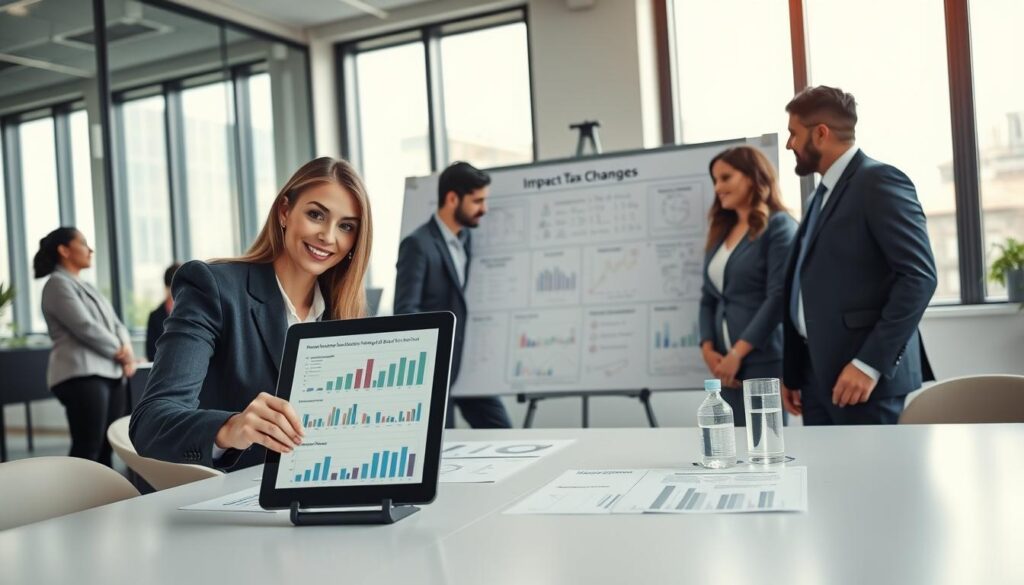 A modern office environment featuring a diverse group of professionals engaged in a brainstorming session about the upcoming tax changes for industries from 2026 to 2033. In the foreground, a confident woman in business attire points at a digital tablet displaying graphs and charts illustrating the impact analysis. The middle ground shows a large whiteboard filled with notes, diagrams, and projected financial impacts, while a diverse team of individuals, dressed in professional business attire, actively participates in discussion. The background consists of large windows with daylight pouring in, creating a bright and optimistic atmosphere. The scene conveys a sense of collaboration and forward thinking, embodying the analytical approach of "Expansion Contabilidade" in São Bernardo do Campo. The image should be well-lit, with a focus on the table arrangement and the team dynamics, demonstrating professionalism and focus on future trends.
