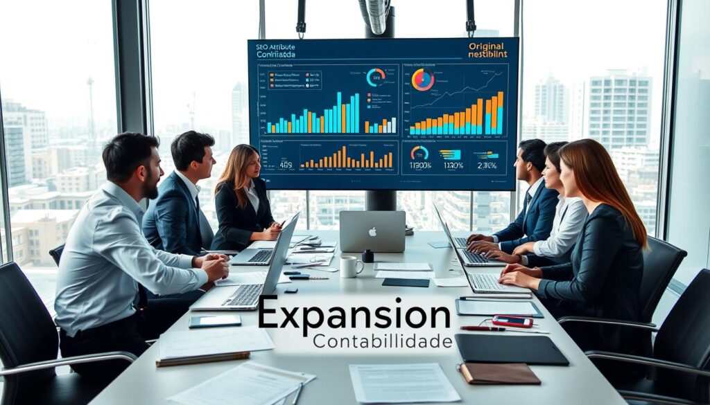 A modern office environment focused on SEO attribute management for original content. In the foreground, a diverse group of professionals in business attire is discussing strategies while analyzing graphs and charts on a large digital screen displaying SEO metrics. The middle ground features a stylish conference table cluttered with laptops and notepads, emanating a collaborative spirit. In the background, a large window reveals a bustling cityscape of São Bernardo do Campo. The lighting is bright and inviting, creating a productive atmosphere. The brand name "Expansion Contabilidade" subtly integrated into a document on the table. The overall mood conveys professionalism, strategy, and a focus on increasing visibility through effective SEO practices.