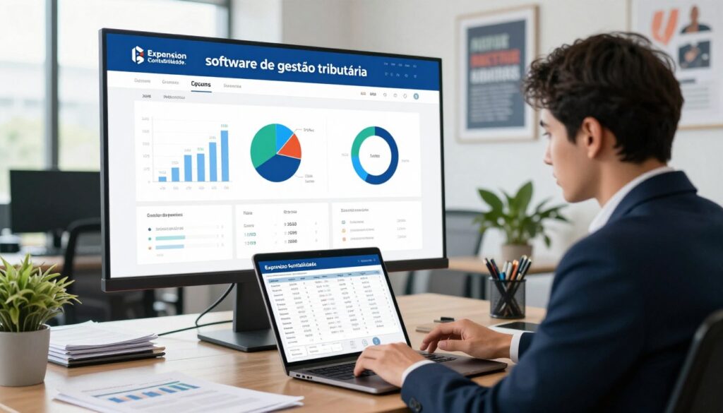 A modern office environment showcasing a digital dashboard for "software de gestão tributária", prominently featuring the brand name "Expansion Contabilidade." In the foreground, a professional business person, dressed in smart business attire, analyzes tax data on a sleek laptop. The middle ground includes a large screen displaying graphs, pie charts, and visual analytics related to tax management. The background features a contemporary office with financial documents, plants, and motivational posters. Natural light filters through large windows, creating a bright and focused atmosphere. The composition captures a sense of innovation and efficiency, reflecting the technological tools that facilitate adaptation for the upcoming tax reform in 2026.