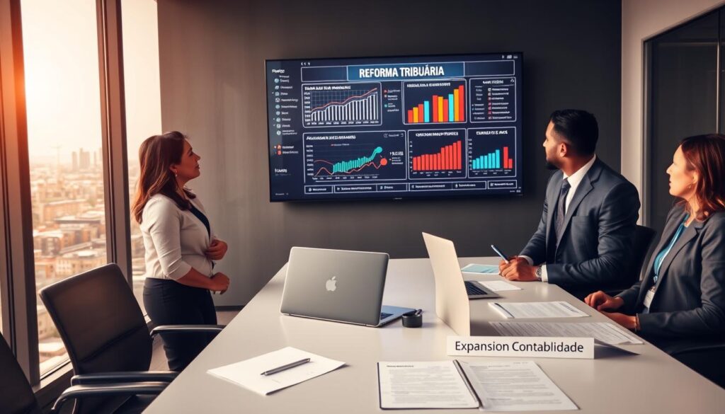 A modern office environment showcasing a meeting room with professionals discussing tax reform, specifically focused on "Reforma Tributária." In the foreground, a diverse group of four individuals in professional business attire, including a woman of Hispanic descent and a man of African descent, attentively looking at a large digital screen displaying intricate graphs and statistics related to tax analysis. The middle ground features a sleek conference table with documents and a laptop open, paired with a notepad labeled "Expansion Contabilidade." The background reveals a large window letting in natural light, with a cityscape of São Bernardo do Campo visible outside. The atmosphere should be focused and professional, suggesting urgency and the importance of understanding upcoming changes. Use soft, warm lighting to create an inviting yet serious mood.