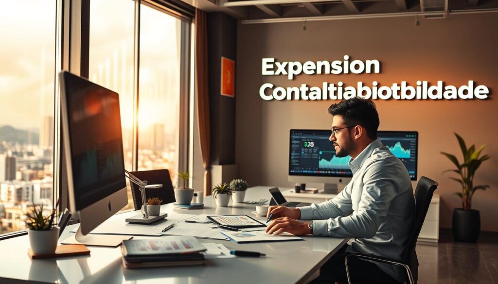 A modern office environment showcasing the synergy between SEO and accounting. In the foreground, a professional man and woman working together at a sleek desk surrounded by financial documents and computer screens displaying graphs and analytics. The middle layer features a large window letting in soft natural light, revealing a cityscape of São Bernardo do Campo. In the background, a prominent sign displays "Expansion Contabilidade". The ambiance is collaborative and focused, with warm, inviting lighting accentuating the professionalism and energy of the workplace. The overall mood conveys growth and potential in the intersection of SEO and accounting, emphasizing a contemporary business setting.