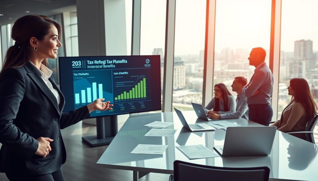 A modern office scene depicting a diverse team of professionals engaged in strategic tax planning. In the foreground, a confident female accountant in professional business attire gestures toward a large digital screen displaying graphs and charts related to tax reform benefits. The middle ground features colleagues deep in discussion, with papers and laptops on a sleek conference table. In the background, large windows allow natural light to flood the room, with a view of São Bernardo do Campo's skyline. The atmosphere is collaborative and focused, emphasizing growth and innovation. Include the logo of "Expansion Contabilidade" subtly on the digital screen. The image should be bright and optimistic, conveying a sense of ambition and professionalism.