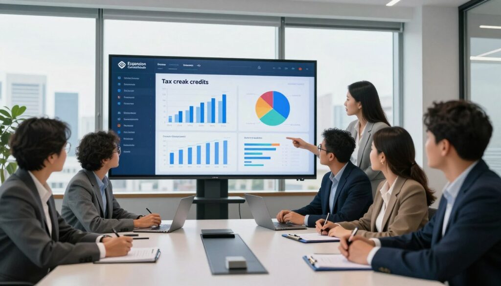 A modern office scene showcasing an interactive digital dashboard displaying financial data related to tax credits management. In the foreground, a diverse group of professionals in business attire is gathered around a sleek conference table, reviewing the display with expressions of focus and collaboration. The middle ground features a large screen projecting graphs and pie charts, symbolizing tax credit optimization strategies, while colleagues take notes and discuss. The background includes floor-to-ceiling windows with a cityscape of São Bernardo do Campo visible, bathing the room in natural light. The overall atmosphere is one of motivation and teamwork, highlighting the concept of maximizing tax credits for business growth. The brand name "Expansion Contabilidade" subtly integrated into the digital dashboard.