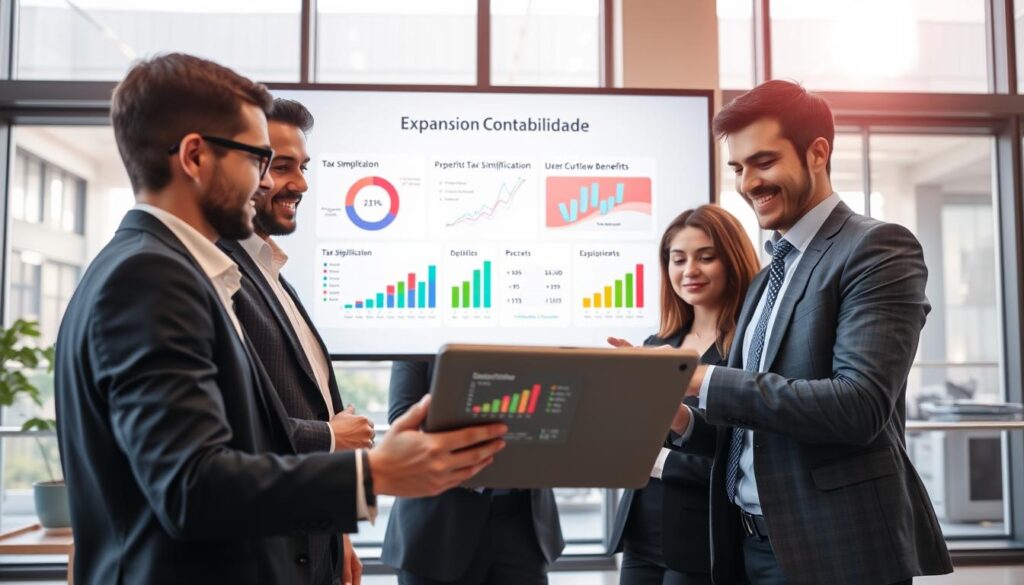 A modern office scene showcasing the concept of digital accounting and tax simplification. In the foreground, a diverse group of three professionals, dressed in business attire, are engaged in a collaborative discussion around a sleek digital tablet displaying financial data. In the middle ground, a large monitor presents colorful graphs and charts representing tax simplification benefits, with the brand name "Expansion Contabilidade" prominently displayed. The background reveals a contemporary office with large windows, allowing natural light to flood the space, creating a bright and optimistic atmosphere. The lens captures the scene from a slightly elevated angle, emphasizing the teamwork and modern technology involved in digital accounting processes, evoking a sense of innovation and professionalism.