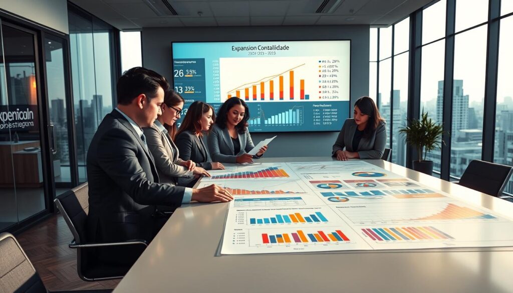 A modern office setting depicting financial professionals analyzing tax data charts and graphs. In the foreground, a diverse group of three businesspeople, dressed in professional attire, gather around a sleek conference table, studying large colorful infographics showing trends in tax burden over the years 2026–2033. The middle ground features a large wall screen displaying projections and statistical data, with the brand name "Expansion Contabilidade" integrated into the design. The background reveals a city skyline through glass windows, illuminated by soft, natural light. The atmosphere is serious yet hopeful, emphasizing the urgency of understanding fiscal changes. The composition is shot from a slightly elevated angle, capturing both the professionals’ engagement and the dynamic flow of information in the room.