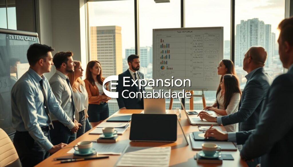 A modern office setting in São Bernardo do Campo, with a professional atmosphere. In the foreground, a diverse group of business people in business attire, engaged in a serious discussion. A whiteboard filled with charts and strategies related to tax reform is visible. In the middle ground, a large conference table with laptops, legal documents, and coffee cups, suggesting an ongoing debate. The background features windows showing a cityscape, with natural sunlight streaming in, creating a warm yet focused environment. The brand name "Expansion Contabilidade" is subtly integrated into a document on the table. The overall mood should be one of urgency and preparation, reflecting the challenges of upcoming tax reforms for small and medium-sized businesses.