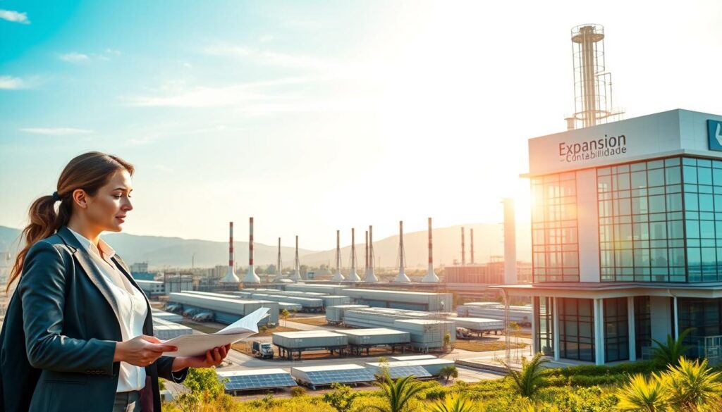 A modern, thriving industrial landscape in São Bernardo do Campo, showcasing the benefits of tax reform for the industry. In the foreground, a well-dressed businesswoman analyzing documents and discussing with a businessman wearing a suit, both radiating professionalism. In the middle ground, modern factories with solar panels and green technologies, symbolizing innovation and sustainability. The background features a clear blue sky with soft, warm sunlight casting a golden hue over the scene. The atmosphere is optimistic and empowering, highlighting the theme of global competitiveness. In the corner, the brand name "Expansion Contabilidade" strategically placed on a stylish office building, emphasizing a focus on accounting and business growth in this evolving landscape.