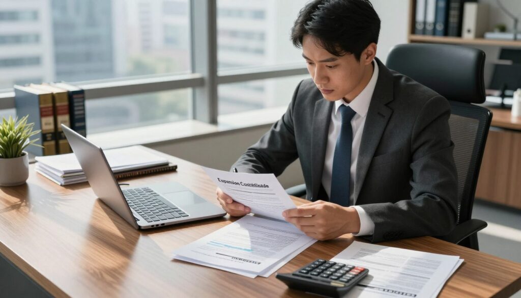 A professional accountant in a modern office setting, deeply engaged in analyzing financial documents related to tax reforms. The foreground features a well-dressed individual in business attire, surrounded by papers, a laptop, and a calculator, alluding to "Expansion Contabilidade." In the middle, a large window allows natural light to illuminate the workspace, casting soft shadows on the polished wooden desk. The background showcases a sleek office with modern decor, tax law books, and a cityscape visible through the glass. The atmosphere conveys focus and expertise, emphasizing the theme of tax reform expertise. Capture this scene from a slightly elevated angle, ensuring clarity and a professional tone without any text or distractions.