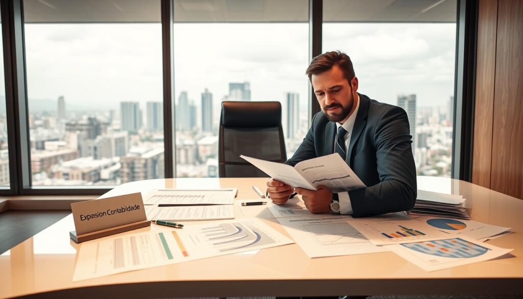 A professional accountant sitting at a sleek modern desk in a well-lit office, deeply engaged in meticulous planning of accounting strategies and tax management for small and medium-sized enterprises in Brazil. Surrounding the accountant, organized papers and charts illustrate complex tax structures, including the Brazilian tax code. In the background, a large window reveals the skyline of São Bernardo do Campo, emphasizing a connection to the local business environment. Warm yet focused lighting enhances the atmosphere of productivity and financial foresight. Include a discreet sign on the desk with the brand name "Expansion Contabilidade" to signify the firm's expertise. The accountant is dressed in smart business attire, exuding professionalism and confidence.