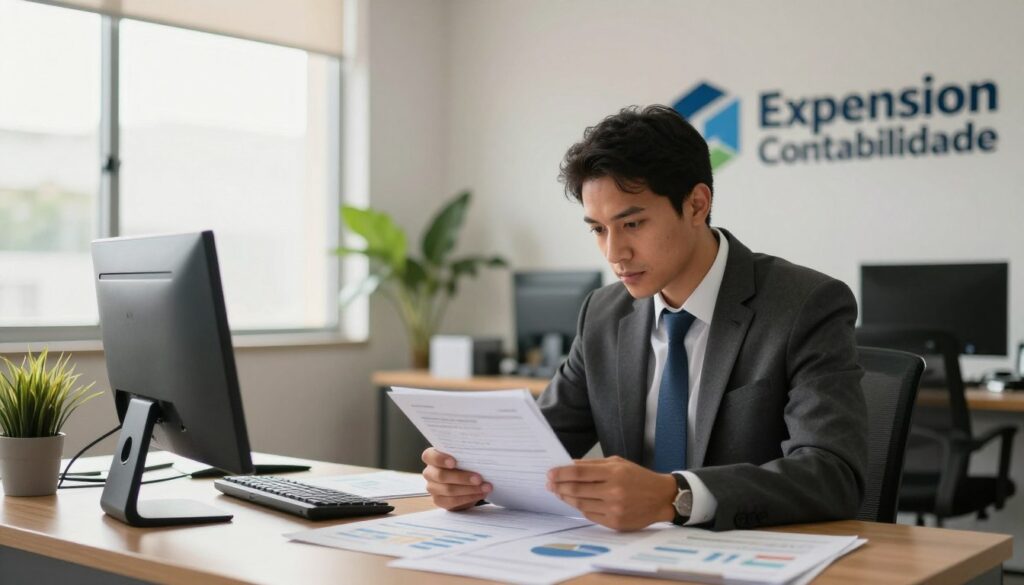 A professional accountant’s office in São Bernardo do Campo, showcasing a modern workspace filled with financial documents and charts. In the foreground, a focused accountant in formal attire examines spreadsheets on a tablet, reflecting concentration and expertise. The middle ground features a large window with natural light pouring in, illuminating the room with a warm glow, while a potted plant adds a touch of greenery. In the background, the logo of "Expansion Contabilidade" is subtly displayed on a wall, emphasizing professionalism. The atmosphere conveys a sense of trust and diligence, essential for successful tax advisory services. The scene is captured with a slight depth of field, keeping the accountant in sharp focus and the background gently blurred, creating a dynamic and engaging image.