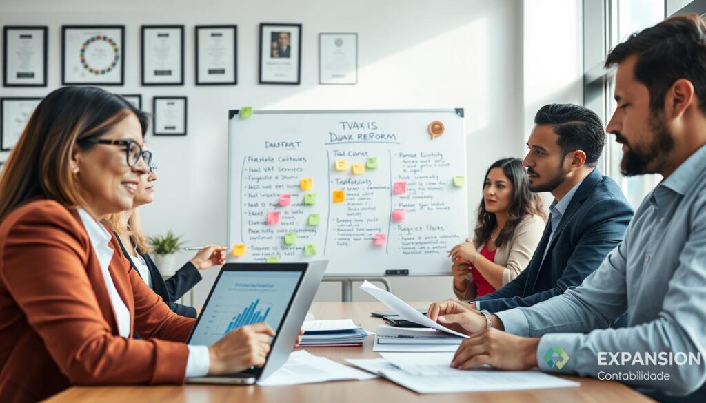 A professional accountant's office scene in São Bernardo do Campo, featuring a diverse group of four individuals discussing tax reform concepts. In the foreground, a female accountant with glasses and a male accountant in a suit are engaged in a detailed conversation, surrounded by documents and a laptop displaying financial graphs. In the middle ground, a large whiteboard outlines key points of the dual VAT reform, decorated with colorful sticky notes. The background should display modern office decor with certificates and awards hanging on the walls, creating a professional atmosphere. Soft, natural lighting highlights the scene, with sunlight streaming through large windows, suggesting a productive and optimistic mood. Branding for "Expansion Contabilidade" subtly integrated into office materials without showing any text.