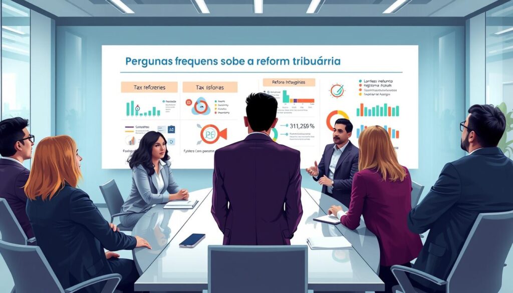 A professional and engaging illustration depicting a modern office environment focused on tax reform discussions. In the foreground, a diverse group of business professionals in business attire are gathered around a sleek conference table, intently discussing "Perguntas Frequentes sobre a Reforma Tributária". Their expressions convey curiosity and determination. A digital presentation screen in the background displays key statistics and visual elements related to tax reform, showcasing infographics with graphs and charts. The lighting is bright and focused, creating an atmosphere of productivity and inspiration. Use a wide-angle lens to capture the entire scene, including contemporary office decor that suggests a setting in São Bernardo do Campo. Integrate the brand name "Expansion Contabilidade" subtly into the environment, perhaps on a presentation slide or a subtle logo on stationery.