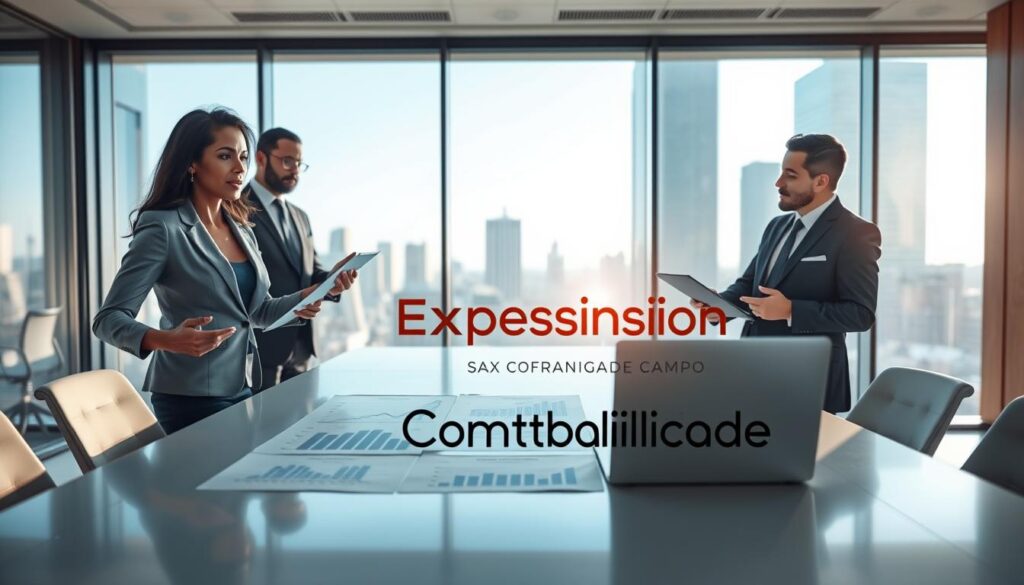 A professional and modern office setting in São Bernardo do Campo, with a focus on a diverse group of three individuals engaged in a strategic discussion about tax reform. The foreground shows a confident businesswoman in a tailored suit presenting data on a sleek laptop, while a business man and a financial consultant attentively review documents. In the middle, a large conference table displays charts and growth projections related to fiscal compliance. The background features a modern cityscape view through glass windows, symbolizing economic growth. Soft, natural lighting floods the room, creating an atmosphere of collaboration and innovation. The logo "Expansion Contabilidade" subtly integrated into the design elements on the table, conveying professionalism and expertise in accounting and fiscal compliance.