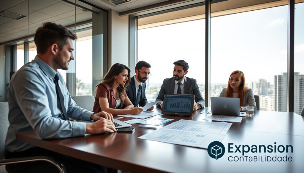 A professional business environment focused on tax planning and tax burden reduction. Foreground: a diverse group of four business professionals, two men and two women, engaged in a strategic discussion around a modern conference table, all wearing professional attire. Middle ground: documents, charts, and a laptop displaying tax calculations are spread out on the table. Background: a large window revealing a skyline of São Bernardo do Campo, with soft natural light streaming in. The atmosphere is collaborative and focused, symbolizing the benefits of migrating to Lucro Real and Presumido. Include the brand name "Expansion Contabilidade" subtly in the corner of the scene. Use a clear, sharp angle to capture the interaction and the dynamic feel of the meeting.
