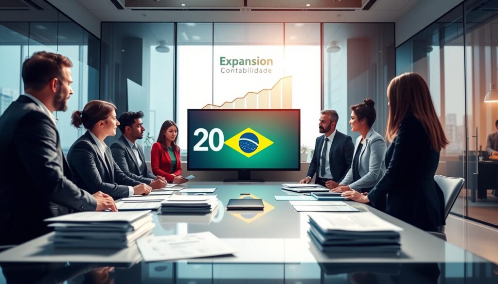 A professional business setting in São Bernardo do Campo, Brazil, showcasing optimistic fiscal growth for 2030. In the foreground, diverse business professionals in smart attire discussing fiscal strategies around a sleek conference table stacked with documents and charts. The middle layer features a large digital screen displaying upward-trending graphs and Brazil's flag subtly incorporated. In the background, modern office architecture reflects a thriving corporate environment. Soft, bright lighting illuminates the scene, creating a hopeful and collaborative atmosphere. The lens captures the image at a slight angle, emphasizing the active discussion and engagement among the professionals. The brand name "Expansion Contabilidade" is subtly integrated into the office design, symbolizing growth and support in accounting.