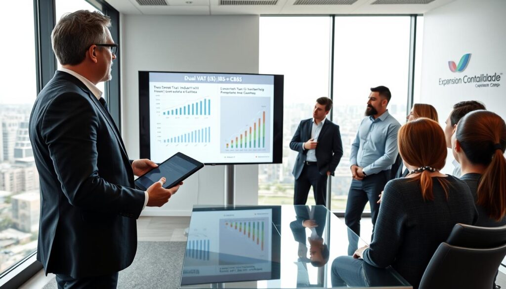A professional consultant explaining tax strategies to a group of industrial executives in a modern conference room. The foreground features a consultant in formal business attire, holding a digital tablet and gesturing toward a large screen displaying graphs related to the Dual VAT (IBS + CBS). The middle layer includes attentive executives in smart casual clothing, viewing the presentation with interest. The background showcases a sleek office environment with large windows providing natural light, a cityscape of São Bernardo do Campo visible outside, and a subtle logo of "Expansion Contabilidade" on a wall. The atmosphere is focused and collaborative, emphasizing a sense of innovation and growth in the industry. Use soft lighting to create a professional yet approachable setting, with a wide-angle view to capture the teamwork involved.
