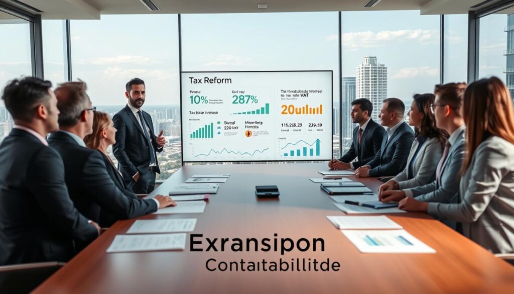 A professional consultant stands confidently at a sleek conference table in a modern office in São Bernardo do Campo, surrounded by documents and financial charts representing tax reform. The foreground features a diverse group of individuals in professional business attire engaged in a serious discussion, highlighting their concern over the 10% tax base increase and 28% VAT. In the middle, a large digital screen displays infographics and key figures related to tax reform. The background showcases a panoramic city view with high-rise buildings under a bright, clear sky, symbolizing the ever-changing economic landscape. The lighting is bright and focused on the participants, creating an atmosphere of urgency and determination. The brand name "Expansion Contabilidade" is subtly incorporated into the office environment.
