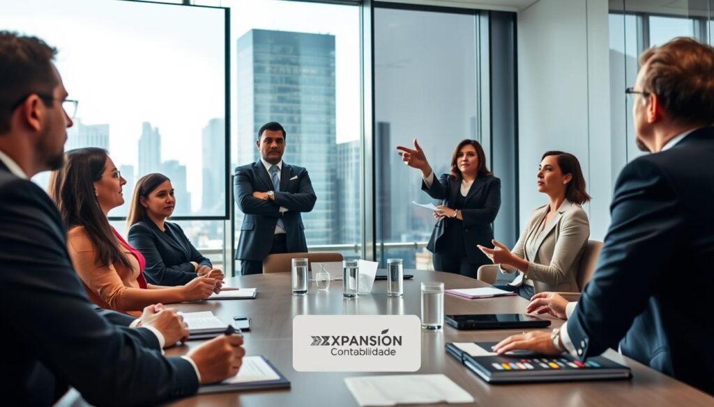 A professional debate setting focused on tax reform scenarios, capturing a group of diverse business professionals in a well-lit conference room. In the foreground, a confident speaker gestures passionately, dressed in a formal suit, presenting data on a clear projector screen. In the middle ground, attentive audience members take notes, representing various demographics, all in smart business attire. The background features a sleek glass wall revealing an urban skyline, symbolizing economic growth and challenges. The lighting is bright and crisp, highlighting the seriousness of the discussion. The atmosphere is one of anticipation and urgency, reflecting the pressing nature of tax reform. The brand "Expansion Contabilidade" is subtly incorporated within the conference materials displayed on the table, enhancing the professional context without being overt.