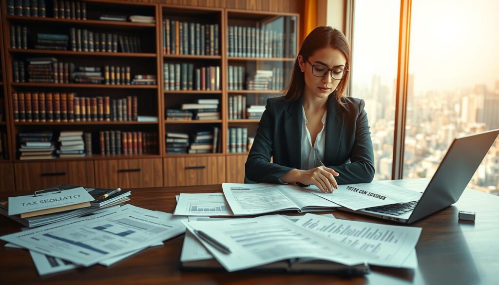 A professional office environment featuring a well-organized workspace with legal documents and tax codes strewn across a wooden desk. Include a laptop displaying charts illustrating updated tax legislation. In the foreground, a confident businesswoman in professional attire analyzes documents, with a look of determination. The middle ground contains shelves filled with books on tax law and accounting, subtly displaying the brand name "Expansion Contabilidade" on a prominent title. The background shows a large window revealing a bustling cityscape of São Bernardo do Campo, bathed in warm daylight that creates a hopeful and optimistic atmosphere. Use a shallow depth of field with soft lighting to create a professional and contemplative mood, emphasizing the importance of updated tax legislation in 2026.