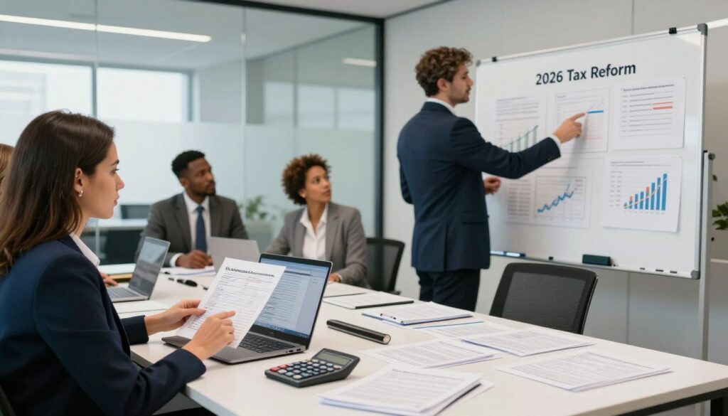 A professional office environment in São Bernardo do Campo, depicting a diverse group of business professionals engaged in a discussion about tax reforms in Brazil. In the foreground, a woman in professional attire is analyzing tax documents on her laptop, while a man in a suit gestures towards a whiteboard filled with financial charts and strategies. In the middle, a table cluttered with papers and calculators showcases detailed tax preparation plans. The background features a modern office with glass walls, allowing natural light to illuminate the space, creating a focused yet collaborative atmosphere. The setting conveys determination and professionalism, reflecting the significance of the 2026 Tax Reform preparation. Include the brand name "Expansion Contabilidade" subtly in the design of the office fixtures.