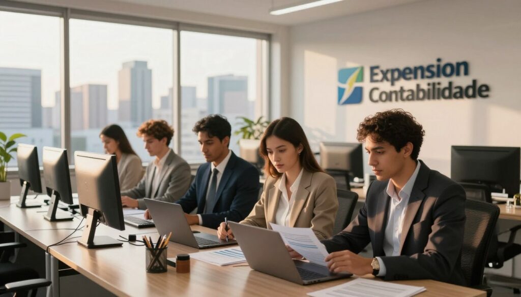 A professional office environment in São Bernardo do Campo, featuring a modern accounting workspace with sleek desks and computers. In the foreground, a diverse team of accountants in smart business attire collaborates over financial documents and laptops, showcasing their concentration and teamwork. In the middle ground, a large window offers a view of the São Bernardo skyline, bathed in warm, afternoon sunlight that fills the room with a golden glow. The background features a prominently displayed sign with the brand name "Expansion Contabilidade", symbolizing professionalism and trust. The overall atmosphere is one of efficiency, focus, and approachability, highlighting the importance of financial adequacy in the context of fiscal reform. The composition is captured with a soft focus, emphasizing the collaborative nature of the team.