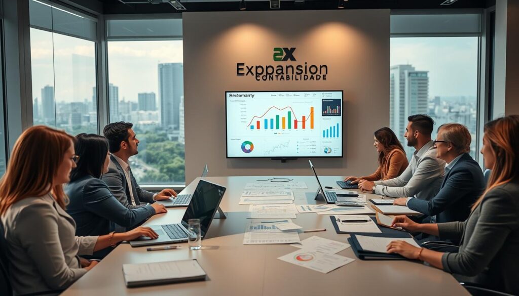 A professional office environment showcasing a detailed benchmarking analysis for tax optimization. In the foreground, a diverse group of professionals in business attire are collaboratively working over charts and graphs displayed on a large screen. The setting is well-lit with soft, warm lighting to create a productive atmosphere. In the middle, include elements such as computers, notepads, and financial documents scattered on a sleek conference table. In the background, floor-to-ceiling windows reveal a cityscape of São Bernardo do Campo, blending with a hint of greenery outside. The brand name "Expansion Contabilidade" is subtly integrated into the environment through a logo on a wall. The overall mood should be focused and dynamic, illustrating teamwork and the importance of fiscal strategy in a modern workspace.