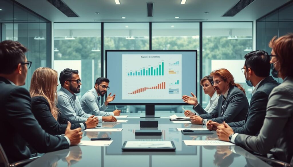 A professional office meeting scene set in São Bernardo do Campo, focusing on the intense discussion about client pressures for fiscal updates. In the foreground, a diverse group of business professionals dressed in formal attire, sitting at a modern conference table, express urgency and concern. In the middle, a large screen displays graphs and data related to fiscal compliance. The background showcases a sleek office environment with large windows, allowing natural light to flood the space, creating a bright and vibrant atmosphere. The lighting is balanced, emphasizing the professionalism of the setting. The overall mood is tense yet determined, depicting the challenge facing businesses like "Expansion Contabilidade" as they navigate client demands for migration to new fiscal systems.