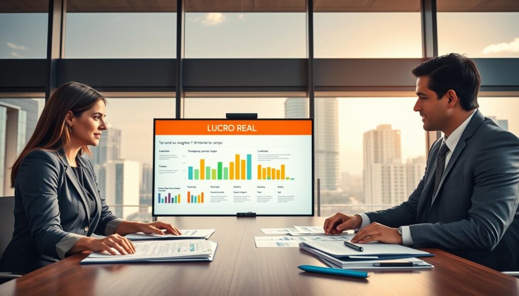 A professional office scene depicting a corporate setting focused on "Lucro Real" taxation. In the foreground, a diverse group of three business professionals – one woman in a sleek blouse and two men in tailored suits – are engaged in a discussion over documents and charts spread across a modern conference table. The middle ground features a large digital screen displaying an infographic illustrating the "Lucro Real" tax regime, with colorful graphs and bullet points. In the background, floor-to-ceiling windows reveal a view of São Bernardo do Campo’s skyscrapers under a bright, sunny day. Soft, natural light bathes the scene, creating a positive and motivating atmosphere. Ensure the brand "Expansion Contabilidade" is subtly integrated into the office decor, such as a logo on a wall or a branded pen on the table.