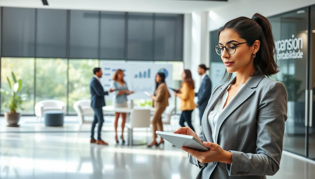 A professional office scene depicting the advantages of "Não Cumulatividade" for industries in Brazil. In the foreground, a confident businesswoman in smart casual attire, analyzing financial data on a tablet, symbolizing clarity and focus. In the middle ground, a diverse group of professionals engaged in a discussion, surrounded by charts and graphs showcasing tax benefits, emphasizing collaboration and innovation. The background features a sleek modern office with large windows allowing natural light to fill the space, creating a bright and optimistic atmosphere. Incorporate brand elements of "Expansion Contabilidade" subtly in the office decor, like a logo on a glass wall. Use soft lighting to convey a sense of professionalism, with a slight depth-of-field effect to draw attention to the foreground.