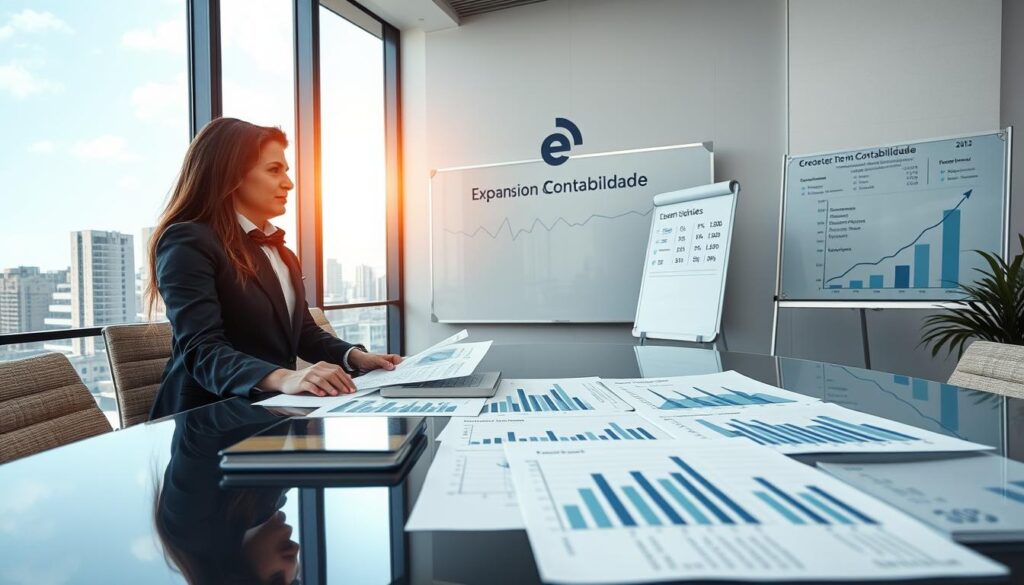 A professional office scene in São Bernado do Campo, showcasing the impacts of a 1% CBS IBS tax rate on businesses. In the foreground, two professional businesspeople in smart attire, a woman and a man, are discussing financial documents at a sleek modern desk filled with graphs and charts depicting fluctuating tax impacts. In the middle ground, a large window reveals a city skyline, symbolizing growth and opportunity. The background features a whiteboard with tax strategy notes and a logo reading "Expansion Contabilidade." The light filtering through the window adds a warm, optimistic glow, setting a thoughtful and analytical mood. The perspective is slightly angled to give depth, emphasizing the interaction and the importance of the topic.