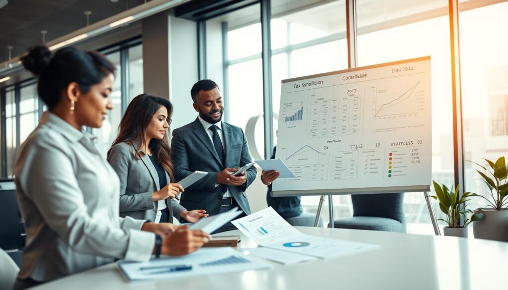 A professional office scene showcasing a group of diverse business professionals engaged in a discussion about tax simplification, with an emphasis on "Expansion Contabilidade". In the foreground, a diverse group, including a Hispanic woman in business attire, a Black man in formal wear, and an Asian woman in smart casual clothing, are analyzing financial documents and digital devices. In the middle ground, a large whiteboard filled with tax charts and graphs represents tax reform strategies. The background features a sleek modern office with large windows allowing natural light to flood the space. The atmosphere is collaborative and focused, emphasizing clarity and professional engagement. Soft, warm lighting enhances the welcoming environment, shot with a slight depth of field to highlight the discussion.