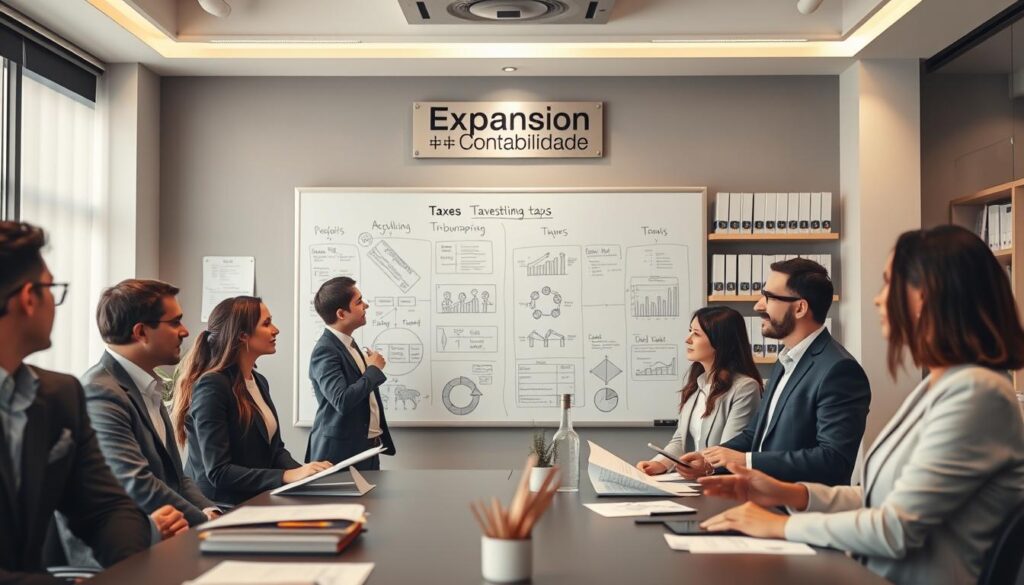 A professional office setting depicting small and medium-sized enterprises (SMEs) managing taxes, with a focus on "simplificação tributária para PMEs". In the foreground, a diverse group of business professionals in smart attire, actively discussing financial documents and tax strategies. In the middle ground, a large whiteboard filled with tax-related diagrams and flowcharts, illustrating simplified tax processes. The background features modern office equipment and shelves filled with accounting books, promoting a sense of productivity and innovation. Soft, warm lighting creates a welcoming atmosphere, emphasizing collaboration and support. The brand name "Expansion Contabilidade" is subtly featured on a wall plaque, enhancing the professional context without overshadowing the main focus of the image.