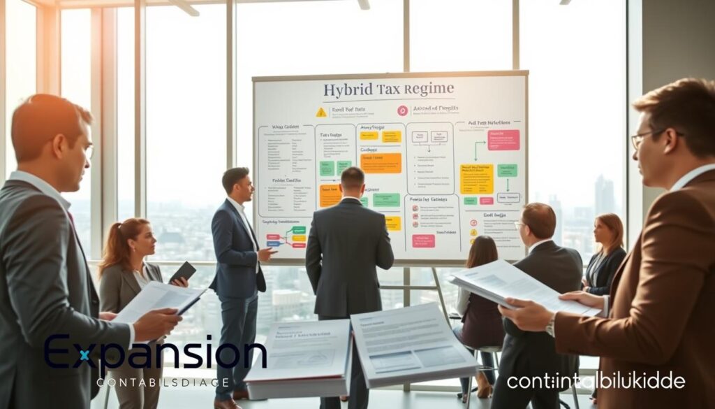 A professional office setting illustrating the concept of a "hybrid tax regime" under tax reform. In the foreground, a diverse group of business professionals in smart attire, analyzing documents with charts showing tax credits and advantages of the hybrid model. In the middle ground, a large whiteboard filled with colorful diagrams and flowcharts related to hybrid tax regimes, highlighting key benefits. The background features a modern office with bright lighting streaming through large windows, creating an atmosphere of innovation and collaboration. Include elements that suggest São Bernardo do Campo, such as a city skyline visible through the windows. The brand name "Expansion Contabilidade" subtly integrated into the scene, suggesting professionalism and expertise in tax matters. The overall mood is optimistic and forward-thinking, emphasizing clarity and strategic planning.