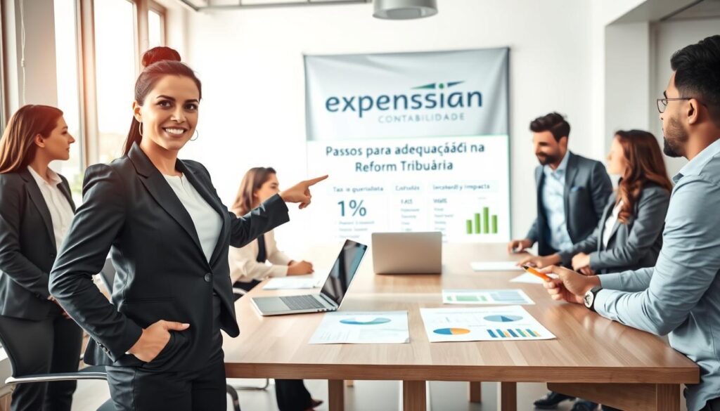 A professional office setting in São Bernardo do Campo, featuring a diverse group of business professionals engaged in a discussion about tax reform. In the foreground, a confident woman in a sleek business suit points to a digital presentation displaying “Passos para adequação na Reforma Tributária”, while a man in a smart blazer takes notes. The middle ground shows a large conference table with documents, a laptop, and charts illustrating tax impacts, symbolizing the transition to the new legislation. The background features a modern office with large windows allowing natural light to stream in, creating a bright and collaborative atmosphere. Include the brand name "Expansion Contabilidade" displayed on a stylish wall banner, emphasizing professionalism and expertise in accounting. Focus on clear angles to capture the interaction, conveying a sense of determination and progress in adapting to new tax regulations.