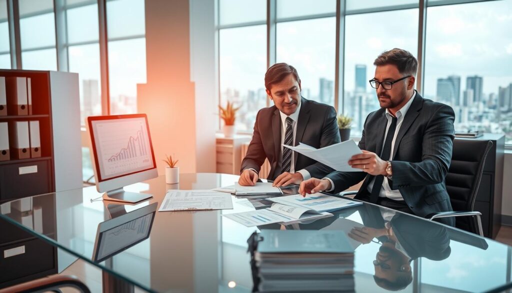 A professional office setting representing "Expansion Contabilidade" in São Bernardo do Campo, showcasing a modern, well-lit workspace. In the foreground, a confident consultant in professional business attire is engaged in conversation with a business owner, both analyzing financial documents on a sleek glass table. The middle ground features high-tech equipment like a computer with graphs displayed and a filing cabinet filled with organized papers. The background reveals large windows with a view of the city skyline, bringing in natural light that creates a warm and inviting atmosphere. The mood is focused and collaborative, illustrating trust and expertise in personalized tax consulting services.