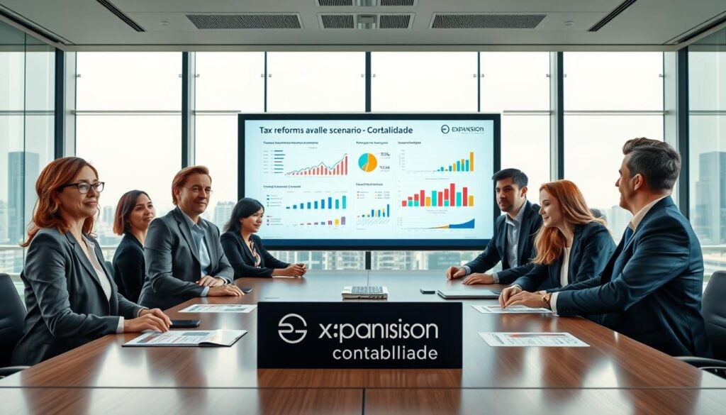 A professional setting illustrating the analysis of tax reform scenarios, featuring a sleek conference room with a large table. In the foreground, a diverse group of business professionals in business attire, including a middle-aged woman and a young man, study charts and graphs on a digital display, with focused expressions. The mood is serious yet hopeful, symbolizing the importance of strategic planning. In the middle, a large screen presents colorful data visualizations of economic scenarios and tax implications, while the background shows a city skyline through a large glass window, suggesting a bustling financial hub. Soft, natural lighting enhances the professionalism, with a wide-angle lens capturing the depth of the room. Subtle branding for "Expansion Contabilidade" is integrated into the presentation materials.