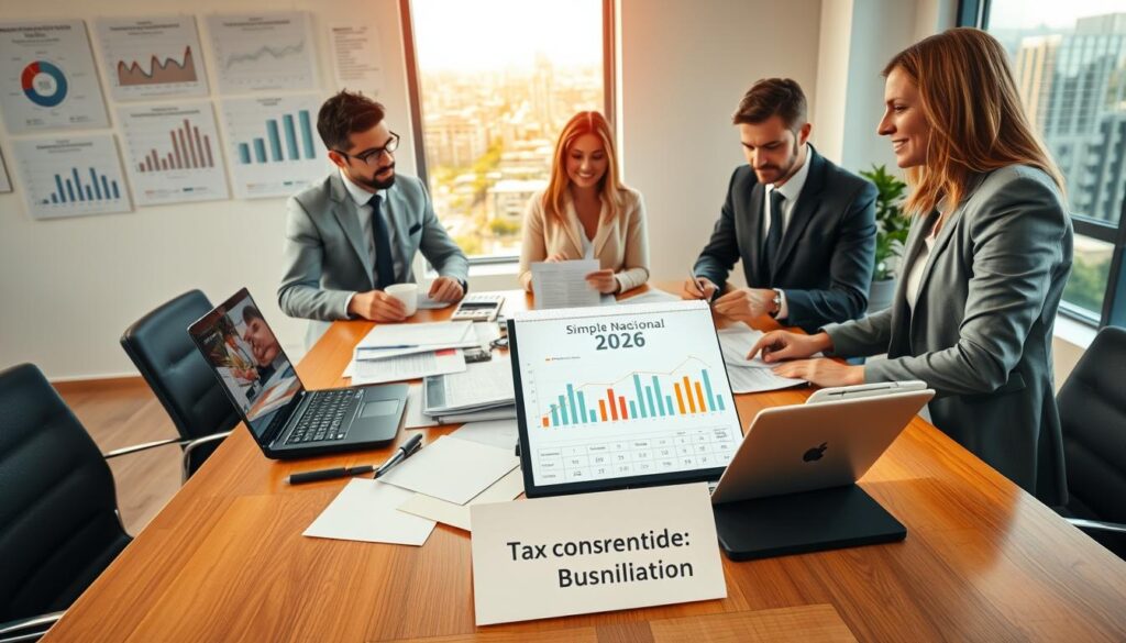 A professional setting showcasing a small business office with a focus on the concept of tax reform. In the foreground, a diverse group of three business professionals (two men and one woman) wearing business attire, engaged in a discussion over financial documents and graphs. The middle layer features a large, modern desk scattered with tax-related materials, calculators, and a laptop displaying graphs symbolizing the Simples Nacional 2026 transition. The background includes a wall adorned with charts illustrating tax changes and a window revealing a vibrant cityscape of São Bernado do Campo, all under warm, natural lighting to create an optimistic atmosphere. A subtle logo of "Expansion Contabilidade" is present on a notepad. The composition balances professionalism and engagement, capturing the essence of small businesses adapting to evolving tax regulations.